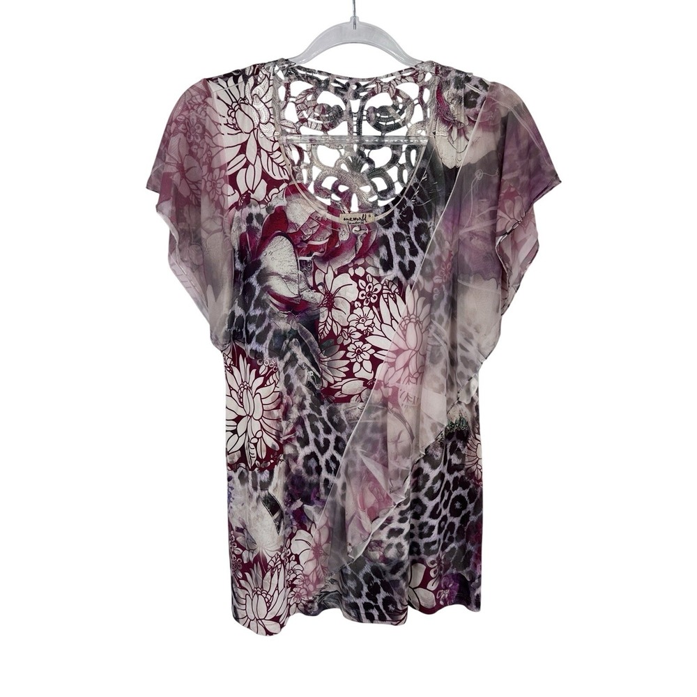 Vintage Y2K One World Top Womens Small White Pink Grunge Fairy Animal Print